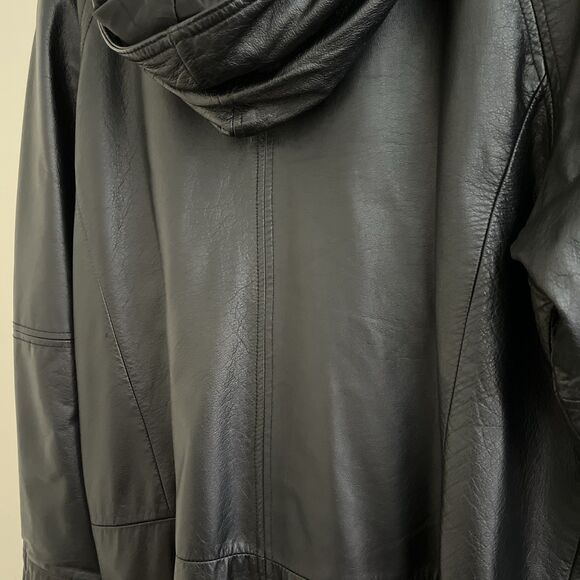 CLIMATE ZONE Vintage Hooded Black Leather Long Jacket Minimalist Streetwear- Med - Picture 9 of 9